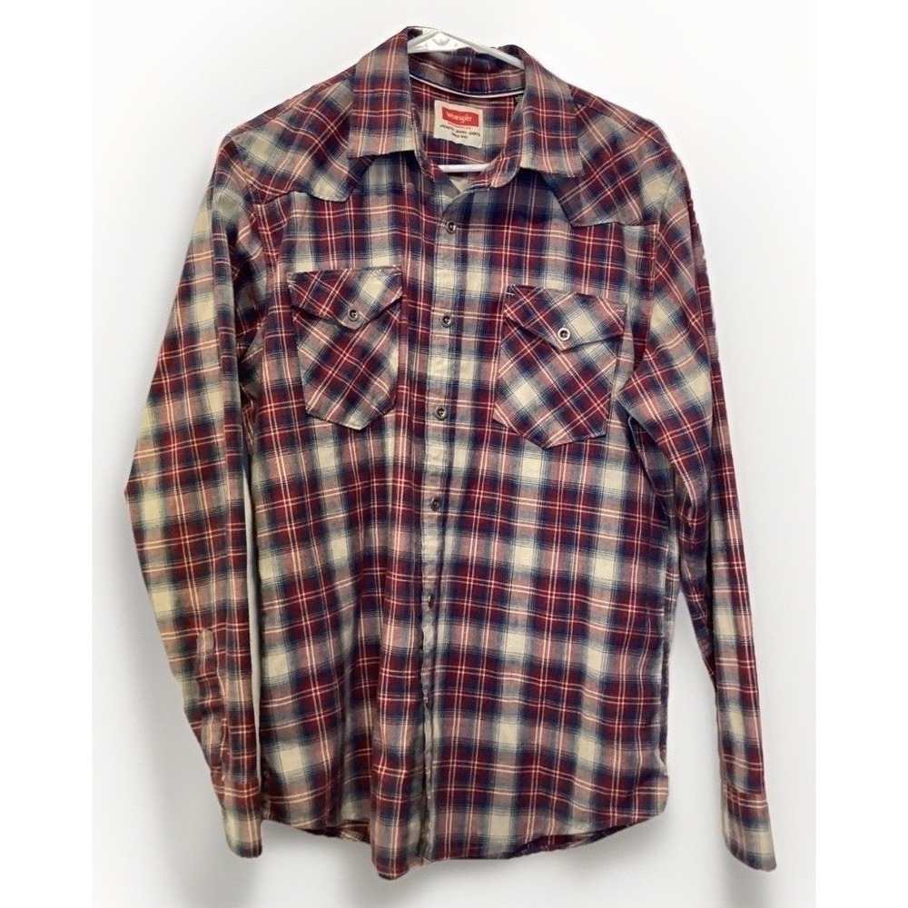 Wrangler Men's Medium‎ Plaid Cotton Shirt Red Blue Cream Button Up
